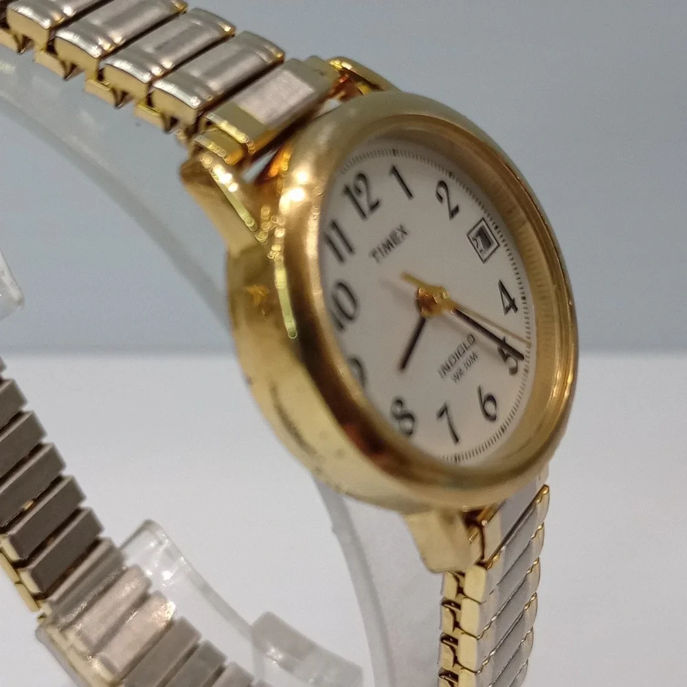 Timex Indiglo Quartz‎ Watch Gold Tone White Dial Date Stretch Band New Battery